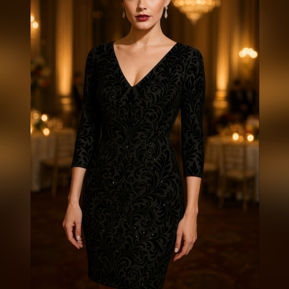 Cache Y2K Velvet Jeweled Formal Dress Womens 12 Black Sheer Goth Cocktail Party - Picture 2 of 15